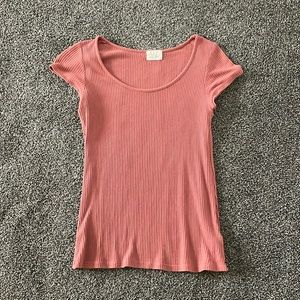 Ribbed, soft, coral, or salmon pink T-shirt